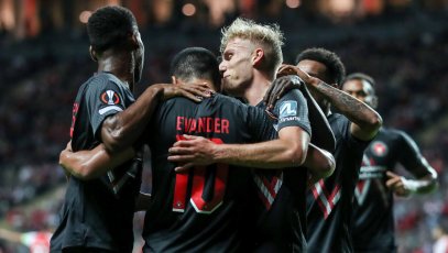 Braga, 09/30/2021 - Sporting Clube de Braga hosted this night FC Midtjylland at the Estádio Municipal de Braga in a match counting for the 1st round of the 2021/22 Europa League group stage. Evander celebrates the goal. 0-1 (Miguel Pereira/Global Images) 
By Icon Sport